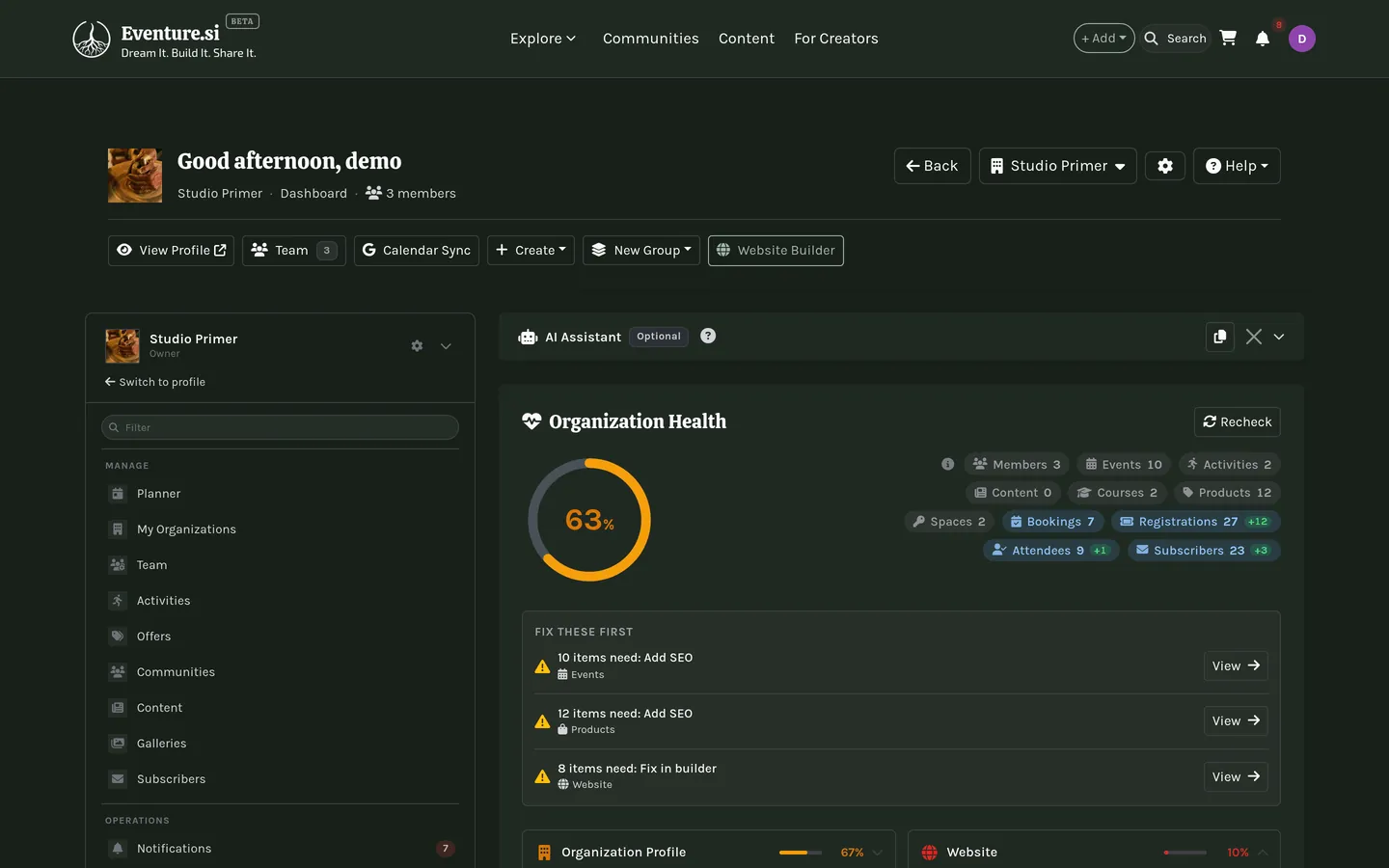 The organization dashboard: health check, charts, Upcoming Events, and Quick Actions.