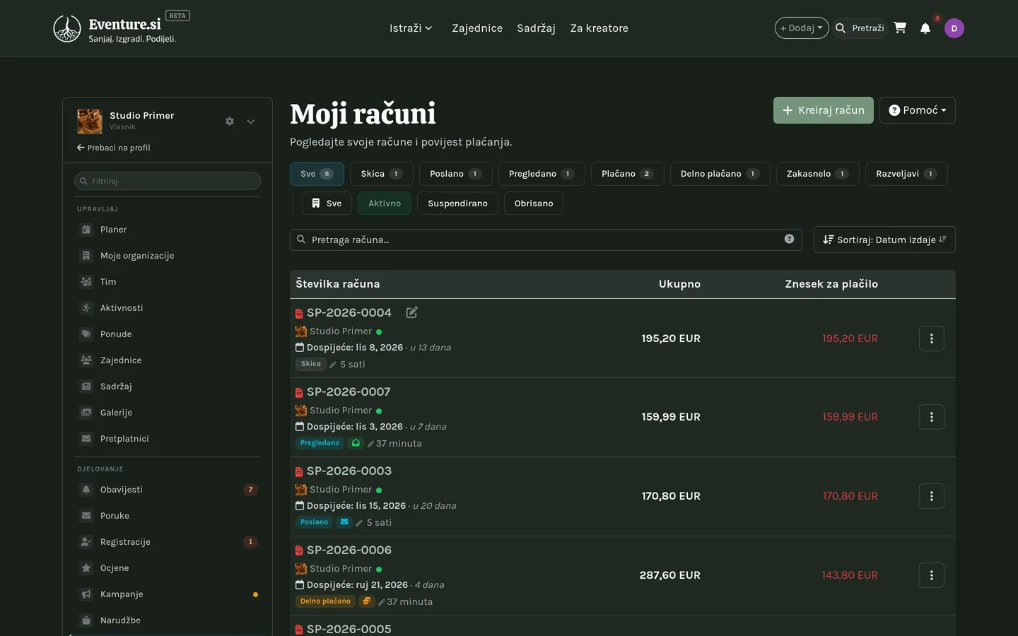 Moji računi: brojači stanja i filtri iznad popisa.