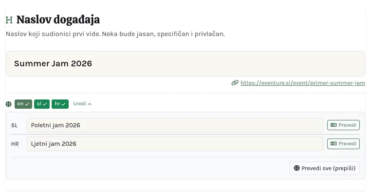 Red značaka za prijevod ispod polja, usred prevođenja.